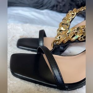 Women’s Black Heeled Sandal with Gold Chain